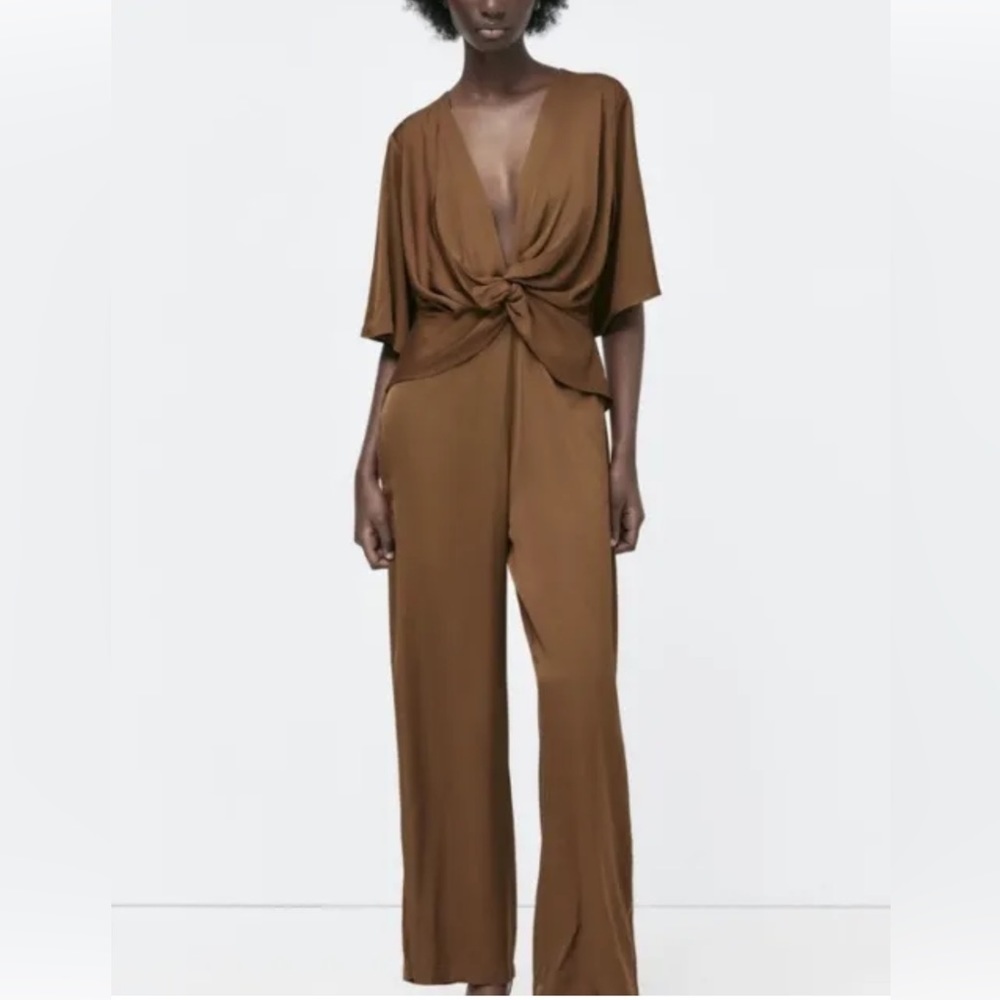 Zara Brown Satin Effect Twisted Effect Plunging Neckline Jumpsuit Size X… - Picture 11 of 16